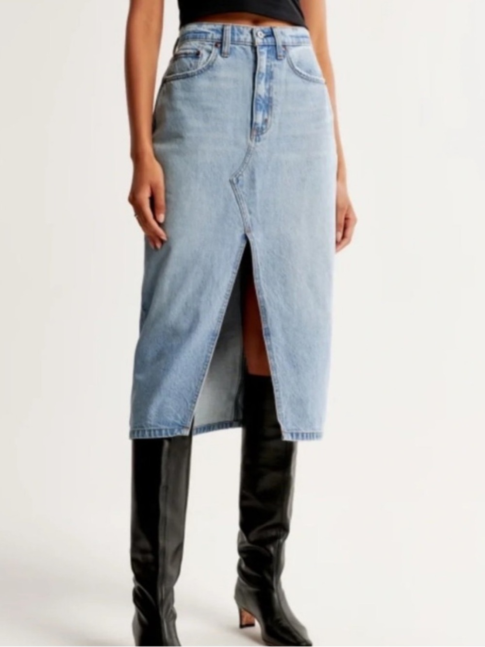 Light Wash Denim Midi Skirt with Front Slit